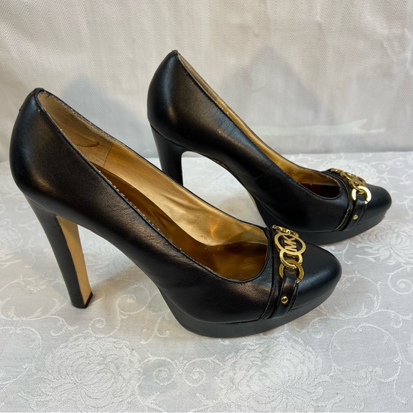 Michael Kors Navy Blue Leather Hamilton Gold Logo 5” Heel Platform Pumps 9 M - Picture 5 of 11